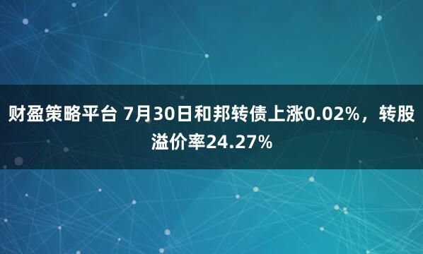 财盈策略平台 7月30日和邦转债上涨0.02%，转股溢价率24.27%